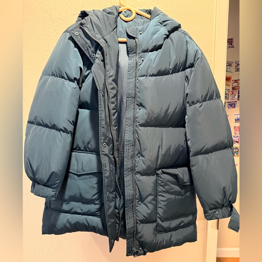 Olive Des Olive Long Puffer Jacket Hood Blue Green Size 1